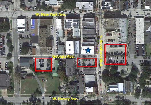 A map with symbols showing where to park for the DeLand office