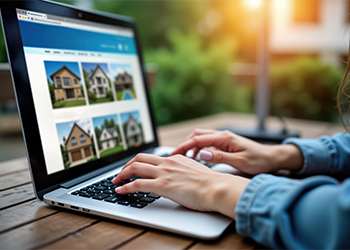 Woman browsing real estate website on laptop