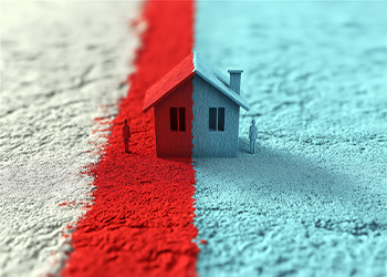 Red boundary line separating model house symbolizing boundary dispute