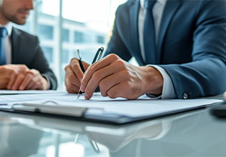 Professionals engage in a business meeting and sign important documents