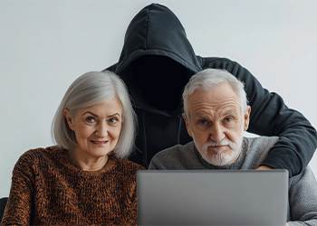 Hooded man behind elderly couples