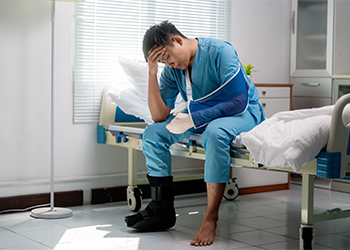 Emotionally distressed injured person sitting on hospital bed