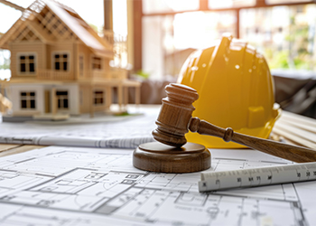 Gavel, Construction Helmet, Blueprint and House Model