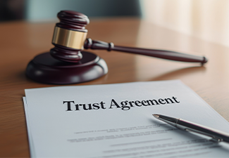 A gavel resting on a legal document titled 'Trust Agreement' with a pen