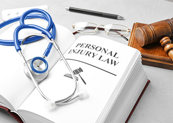 Personal Injury Law Book with gavel and stethoscope
