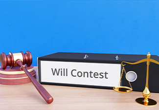 Will Contest – File Folder with labeling, gavel and libra – law, judgement