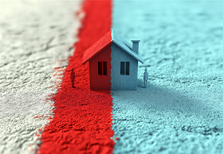 Image of a red boundary line splitting a neighborhood with houses