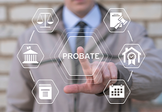 Man working on virtual touch screen presses word: PROBATE