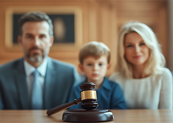 Gavel and divorced couple with child in background