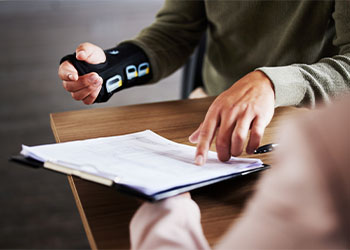 Man with injured hand meeting with insurance agent