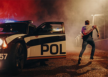 Male suspect running away from police car