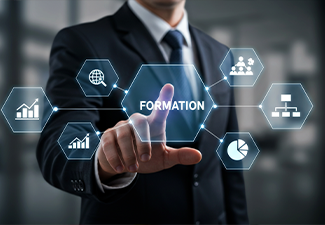 Business formation and data analytics concept featuring interactive digital icons