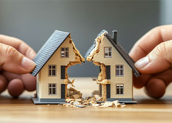 Model house split in two by hands symbolizing divorce