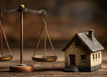 Scale of justice with tiny house model
