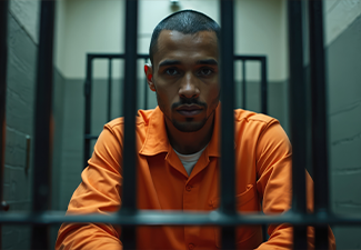 Prisoner in orange jumpsuit sits calmly in cell,