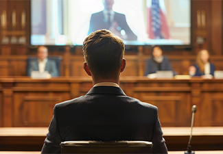 A lawyer presenting arguments in a virtual courtroom