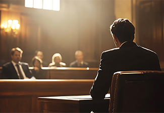 Defense lawyer presenting evidence during a trial, addressing the jury