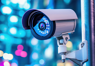 Modern surveillance camera capturing vibrant city lights at night
