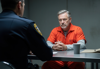 Mature male prisoner in orange jumpsuit during police interrogation