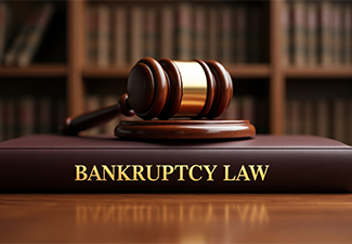 Judges gavel on bankruptcy law book on table