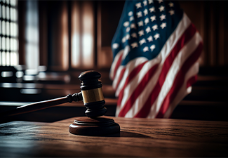 American flag in courtroom with Judge hammer or Mallet of judge