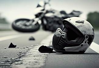 Motorcycle crash road accident with broken motorbike and helmet