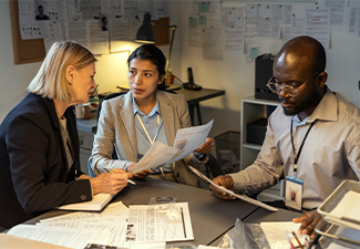 Intercultural agents of FBI discussing information of main suspects