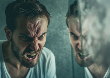Angry man reflection is seen in mirror, dual personality concept