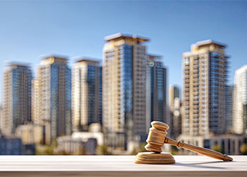 Wooden gavel rests on a table in front of modern city buildings