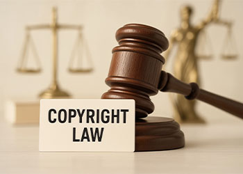 Copyright Law text in card and gavel in table