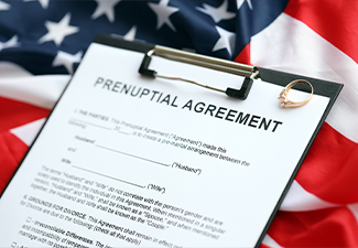 Prenuptial agreement and wedding ring on table