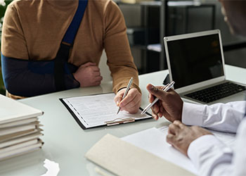 Man with injured hand filling injury claim form