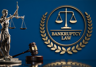 Themis and judge's gavel in the background of a golden icon and text BANKRUPTCY LAW