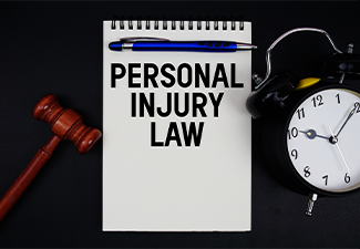 Personal Injury Law text written on notepad with gavel and alarm clock