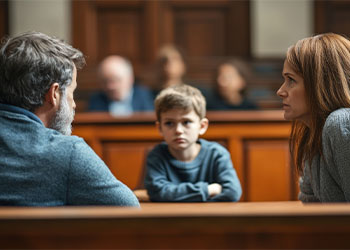 Divorced couples with child in courtroom waiting custody decision