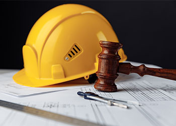 Gavel with construction helmet in table