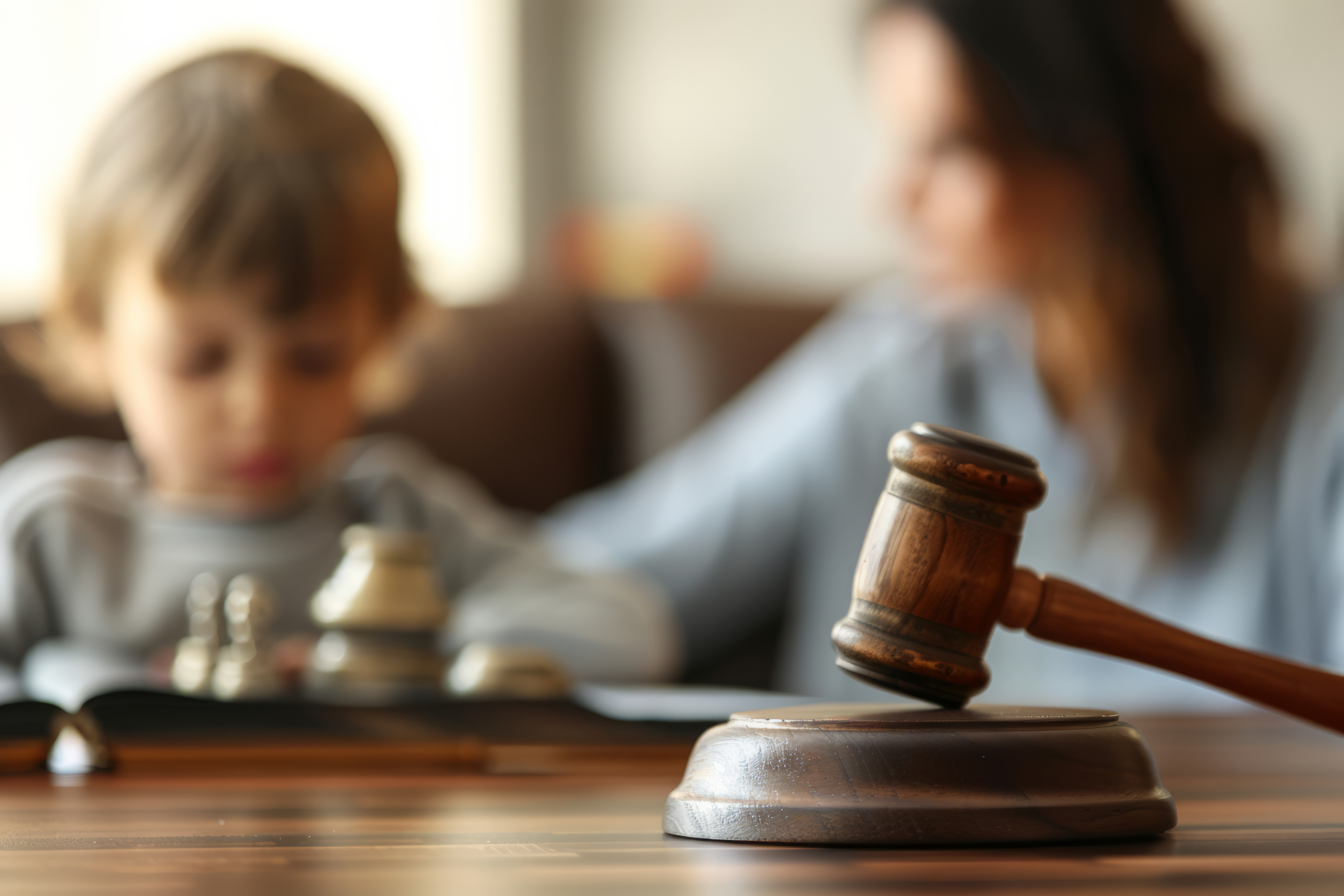 Close up of gavel with mother and son in background