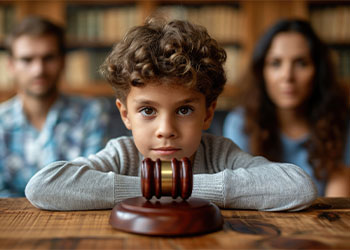 Gavel and child with divorced parents in the background