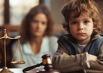 Cute child and mother with gavel in table