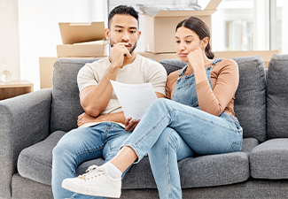 People reading letter, house foreclosure and financial crisis, debt and stress