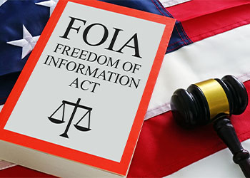 FOIA law book and gavel on American Flag
