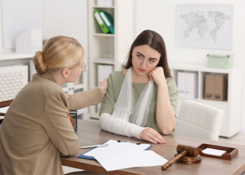 Injured woman having meeting with lawyer in office