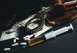 Drug addiction, crime concept. justice handcuffs weapon