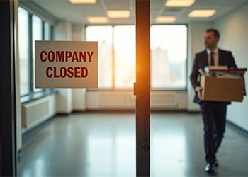 Company Closed sign on window with man walking out carrying personal belongings