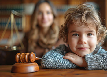 Cute child and gavel on table with mother in background