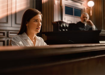 Judge listing to victim testimony in courtroom