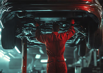 Mechanic inspecting underside of raised vehicle