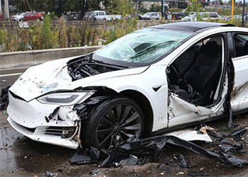 Damaged electric autonomous car after accident