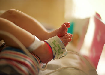Newborn baby feet closeup in hospital NICU