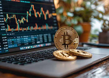 Bitcoin coin on laptop with trading graph open